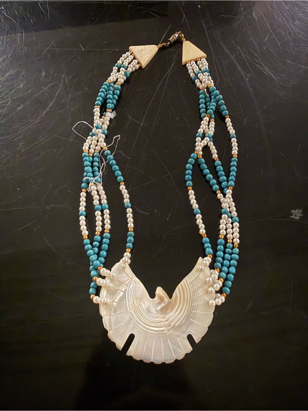 Vintage Native Carved MOP Thunderbird Necklace Heishi Bead Fetish 20" Handmade